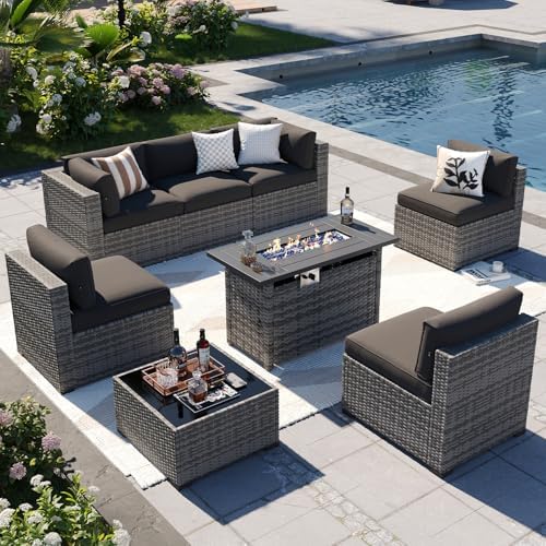 Aoxun Patio Furniture Sets, 8-Piece Outdoor Patio Furniture with 44'' Propane Gas Firepit Table, Wicker Outdoor Conversation Set Sectional Sofa for Backyard, Poolside, Garden