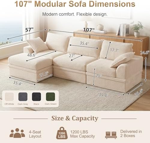 Upgraded Boneless Couch with Storage, Sectional Couches for Living Room, L-Shaped Modular Cloud Corduroy Sofa with Ottoman & Pillows, Oversized Deep Seat Memory Foam Couch, No Assembly, 107" L(Beige)