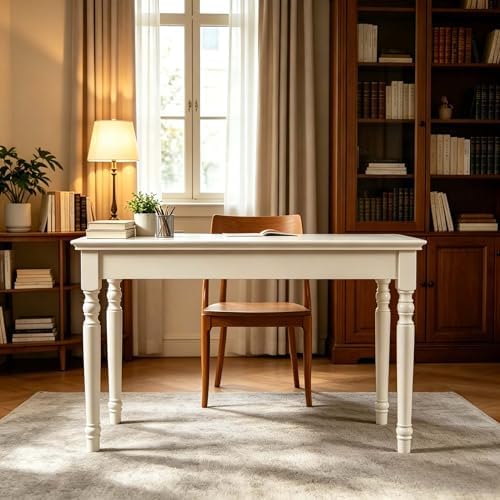 47" Narrow Solid Wood Writing Desk with Drawers, White