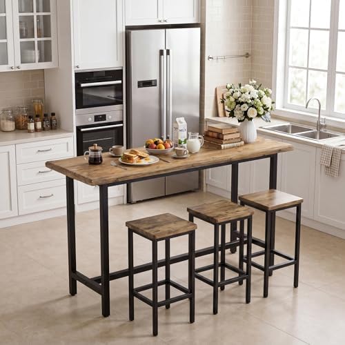 LITTLE TREE Solid Wood Counter Height Table with Metal Footrest - 63-Inch Long Bar Table for Home, Seats up to 6, Easy Assembly, Brown + Black