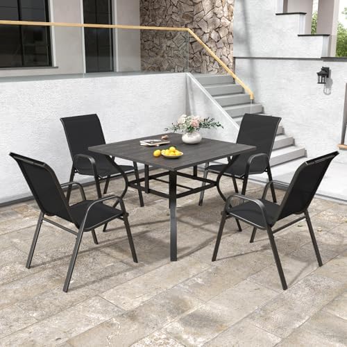 Black Patio Chairs Set of 4, Stackable Outdoor Dining Chairs for All Weather Textilene Fabric & Metal Frame, Outdoor Chairs Set for Backyard Deck Garden