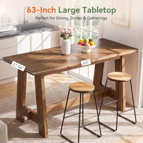 63" Solid Wood Bar Table, Rectangular Farmhouse Pub Table with A-Frame, Heavy-Duty High Top Dining Bar Unit for 4 for Kitchen, Home Bar, Coffee Bar, Rustic Brown