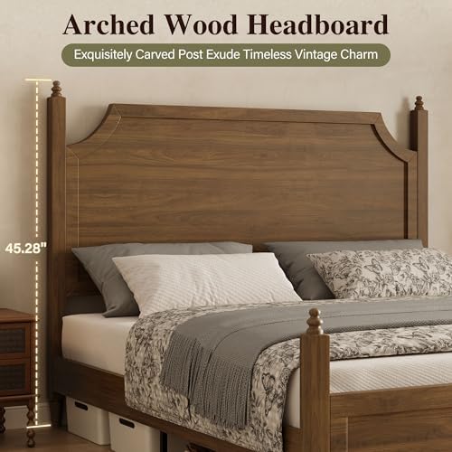 Belffin Wood Queen Size Bed Frame with Vintage Curved Headboard, Brown