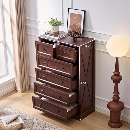 Farmhouse 6 Drawers Dresser Chests for Bedroom,Dark Cherry Red Wood Dresser