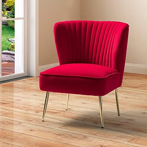 HULALA HOME Velvet Accent Chair, Modern Upholstered Cute Side Chair with Gold Metal Legs, Armless Wingback Slipper Chair Comfy Living Room Chair for Bedroom Guest Room Vanity,RED