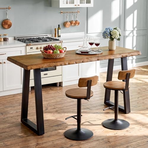 Solid Wood Bar Table, 63” Natural Live Edge Counter Height Table with Metal Legs, Rustic Industrial Long Pub Table for Kitchen, Coffee Bar, Dining Room, Restaurant, Brown & Black