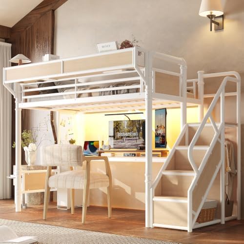 KEIKI Twin Size Metal Loft Bed Frame with Storage Staircase, Desk, White