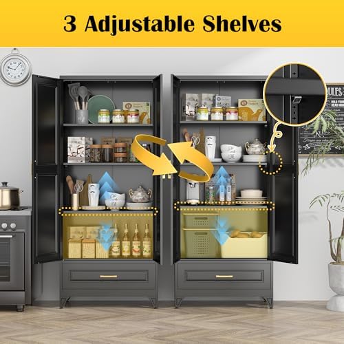 SteeLoong 75" Metal Storage Cabinet with Doors and 3 Adjustable Shelves | Kitchen Pantry Cabinet with Drawer,Black Kitchen Cabinet with 2 Gold Handles,Food Cupboard for Livingroom,Pantry, Bathroom