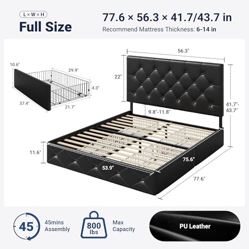Allewie Full Size Storage Bed Frame with 4 Underbed Drawers, Upholstered Platform Bed with Adjustable Headboard, Diamond Button Tufted, Easy Assembly, Noise-Free, No Box Spring Needed, Black