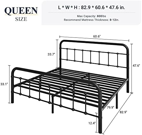 Allewie Queen Metal Bed Frame with Victorian Iron-Art Headboard, Black