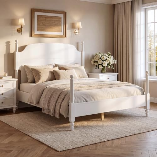 Christopher Knight Home Kane Wooden Queen Bed Frame with Headboard, Farmhouse Queen Size Bed Frame and Arched Headboard, 4-Poster Queen Bedframe with Slats Support, No Box Spring Needed, White