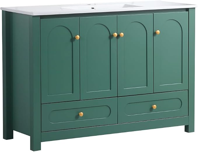 LUMISOL 48" Bathroom Vanity with Sink, Modern Single Sink Bathroom Vanity with 4 Doors & 2 Drawers, Freestanding Bathroom Storage Cabinet with Ceramic Basin, Solid Wood Frame, Green