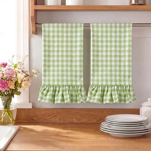 HunnmingRe 2 Pcs Mint Green Gingham Kitchen Towels Cotton Ruffled