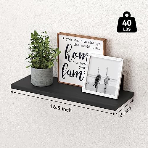 WOPITUES Wood Floating Shelves Set of 6, Shelves for Wall Decor, Farmhouse Shelf for Bedroom, Bathroom Storage Shelves, Book Shelves for Living Room-Black (Pack of 2)