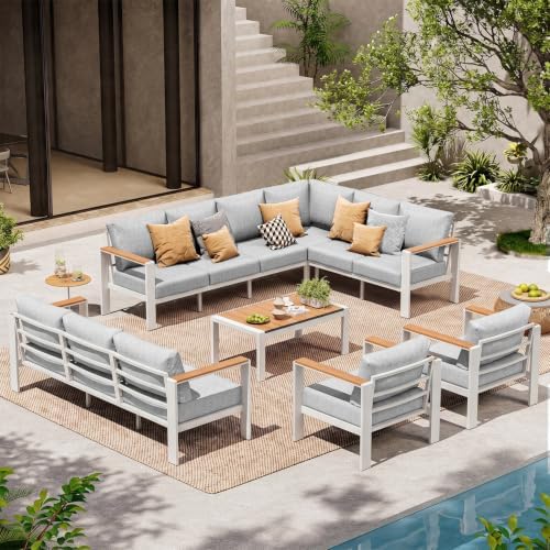Aluminum Outdoor Patio Furniture Set, 11 Seats Patio Conversation Sets, Oversized Outdoor Sectional with Washable Thick Cushions & Coffee Table for Backyard, Garden and Poolside, White