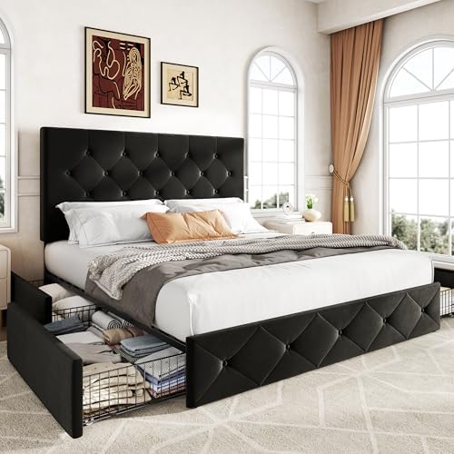 Allewie Queen Size Storage Bed Frame with 4 Underbed Drawers, Upholstered Platform Bed with Adjustable Headboard, Diamond Button Tufted, Easy Assembly, Noise-Free, No Box Spring Needed, Soft Black