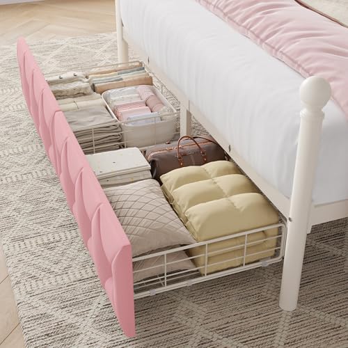 Keyluv Queen Size Upholstered LED Canopy Bed Frame with Charging Station and Drawer, Button Tufted Crown Headboard with Storage Shelf, Two-Purpose Removable Four Poster Design Platform Bed, Pink