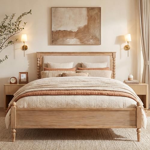 Merax King Size Solid Wood Platform Bed Frame, Upholstered Headboard & Classic Spindle & with Fabric Panel, No Box Spring Needed, 500 lbs Capacity Timeless Traditional for Bedroom, Natural