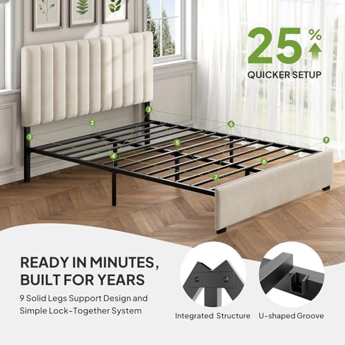 Welzona Full Upholstered Bed Frame with Headboard, Velvet Upholstered Metal Platform Bed with Vertical Channel Tufted Headboard, 3-Level Height, Metal Slat Support, Noise-Free Easy Assembly, White