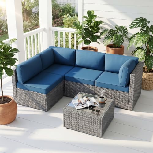 SUNLEI 5 Piece Patio Furniture Sets, Low Back All-Weather Rattan Sectional Sofa with Tea Table&Washable Couch Cushions, Patio Furniture Sets, Silver Rattan (Aegean Blue)