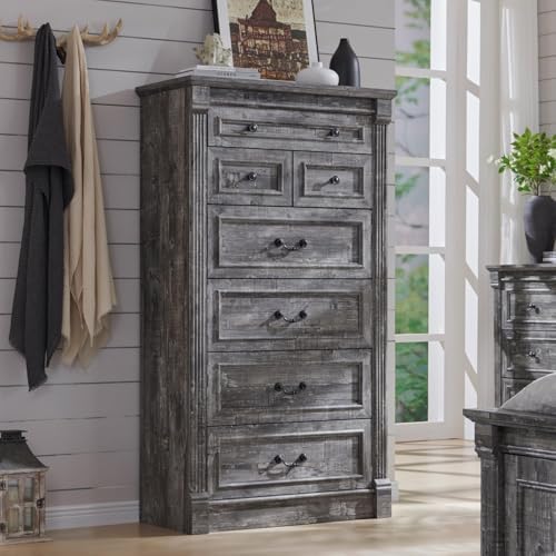 Aitjunz Farmhouse 57" Tall 7 Drawers Dresser for Bedroom, Light Grey