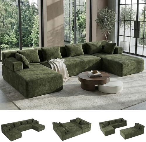MONVANE 141" U-Shaped Modular Sectional Sofa, Dark Green