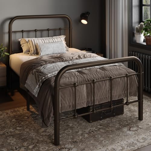 Allewie Twin Metal Bed Frame with Victorian Headboard, Antique Bronze