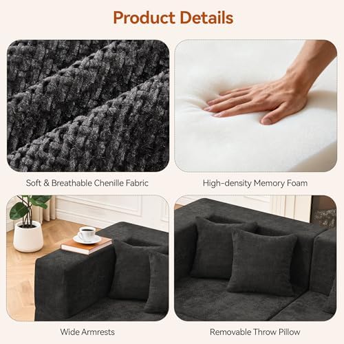 MONVANE 130'' Modular Sectional Cloud Couch for Living Room, 6 Seater Convertible Chenille Couches Set with Ottoman & Pillow, No Assembly Compression Sofas, Comfy Floor Sofa with Memory Foam, Black