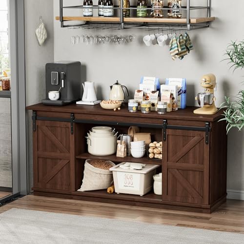 Shahoo Farmhouse Sideboard Buffet Cabinet, Coffee Bar Storage with Sliding Barn Doors, Shelf for Home Dining Room, Espresso