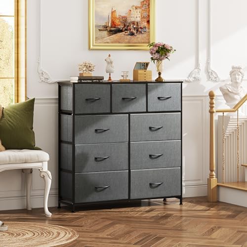 WLIVE Tall Dresser for Bedroom, 9 Drawer Chest of Drawers, Dark Grey