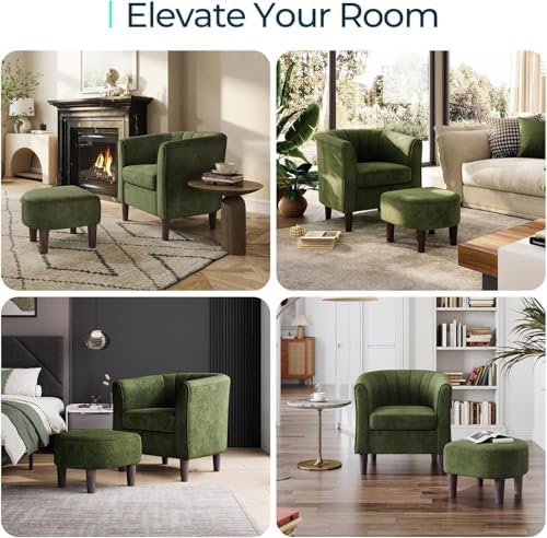 LINSY Accent Chair with Ottoman, Modern Barrel Chair Small Armchair Reading Chair with Footrest, Comfy Round Arms Chair for Living Room Bedroom Reading Room, Velvet, Dark Green