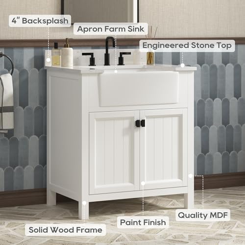 30 Inch Farmhouse Bathroom Vanity with Sink, White | Bathroom Sink Cabinet with Soft Close Doors, Solid Wood Single Sink Bathroom Vanity with Adjustable Feet, Apron Farm Sink