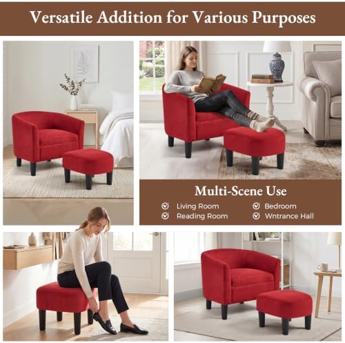 INZOY Oversized Accent Chair with Ottoman, 23.2" W Oversized Club Chair with Ottoman Set, Comfy Fabric Barrel Reading Chairs for Living Room Bedroom, Round Reading Chair with Foot Rest, Red