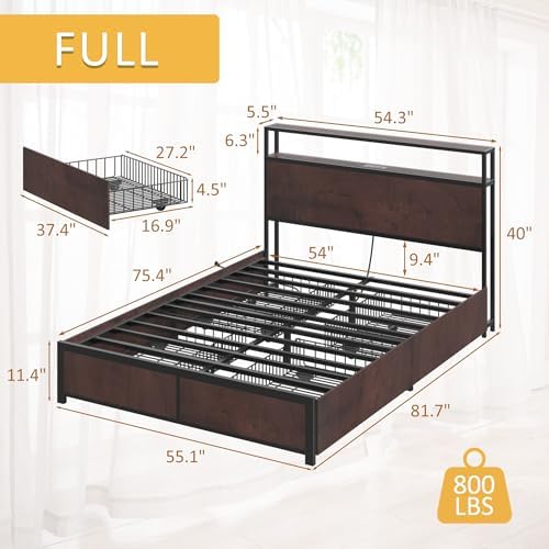 Lifezone Full Bed Frame with 2-Tier Storage Headboard, Metal Platform Bed Frame with 4 Storage Drawers, Built in Charging Station & LED, Noise-Free/Metal Support/No Box Spring Needed, Coffee Brown