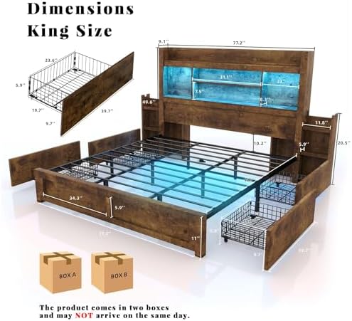 LUXOAK 5-Piece Farmhouse Bedroom Set - King Storage Bed & Dresser, Brwon