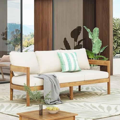 76.5 Inch Outdoor Acacia Wood 3-Seater Patio Sofa with Beige Cushions Curved Tuxedo Design Weather-Resistant Garden Backyard Couch, Teak