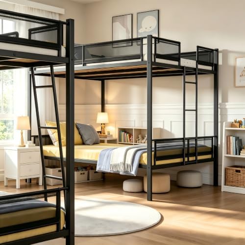 PVWIIK Queen Over Queen Bunk Bed for Teens,Black