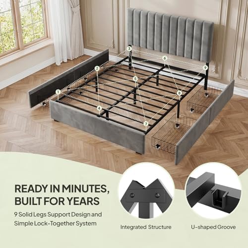 Welzona Queen Upholstered Bed Frame with Headboard & 4 Storage Drawer, Grey