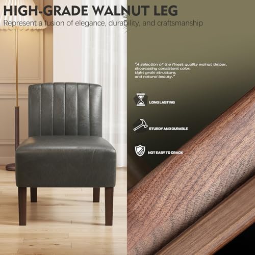 VIRRMO Armless Accent Chairs Set of 2 Upholstered Dining Chairs Living Room Chairs with Solid Wood Legs Bedroom Chair Leather Reading Chair Comfy Chair for Bedroom Vanity Kitchen (Grey)