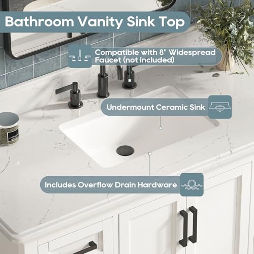 48 Inch Bathroom Vanity with Sink, Fully Assembled, White | Farmhouse Solid Wood Bathroom Sink Cabinet, 2 Soft Close Doors & 7 Dovetail Pine Drawers, Quartz Countertop, Backsplash
