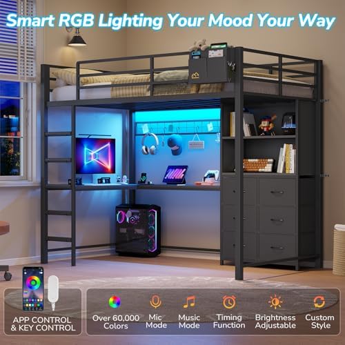 DICTAC Loft Bed Twin Size with Desk,Storage Bookshelf and 6 Drawers, Black