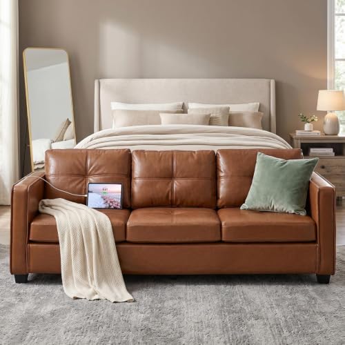 TYBOATLE 88'' Brown Faux Leather Couch with USB, 3-Seater Living Room Sofa