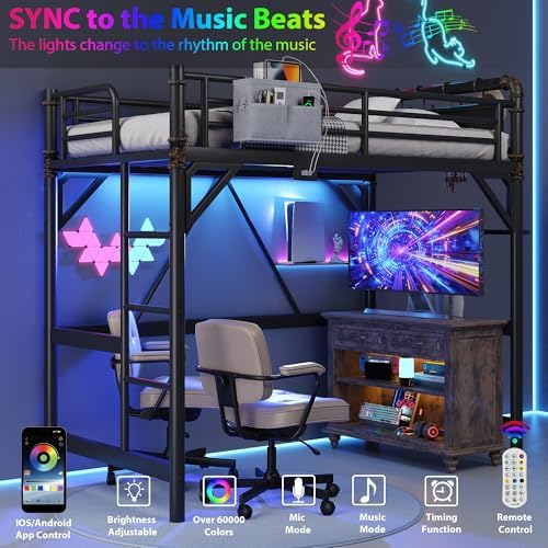 Twin Size Loft Bed with LED Lights and Charging Station, Industrial Heavy Duty Metal Loft Bed Frame with Ladder and Guardrail for Kids Adults, Small Space Saving Design for Bedroom Dorm, Black
