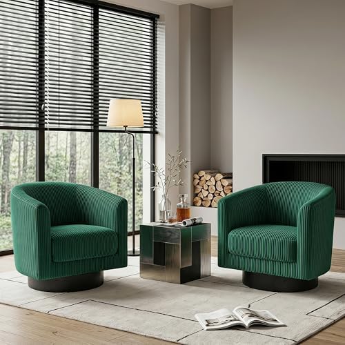 Swivel Accent Chairs Set of 2, 360° Bucket Chair, Modern Upholstered Barrel Armchair, Comfy Corduroy Single Sofa for Living Room Bedroom, Green