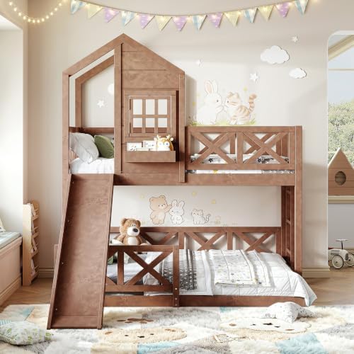 Twin Over Full House Bunk Bed with Slide, Wood Playhouse Loft Bunk Bed Frame with X-Shaped Safety Guardrails, Window & Storage Space, Space-Saving, No Box Spring Needed, Natural