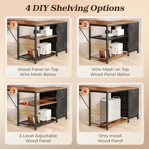 PRAISUN 43.3" Small L Shaped Desk with Power Outlets & 4 Drawers