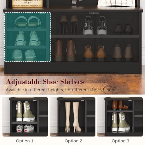 Black Hall Tree with Bench and Shoe Storage, Entryway Bench with Coart Rack
