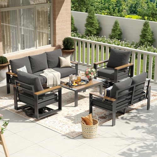 Aoxun Aluminum Patio Furniture Set 7 Seats with Swivel Chair, Oversized Outdoor Sectional with Washable Thick Cushions, Coffee Table, Patio Conversation Sets for Porch, Balcony, Deck,Dark Gray