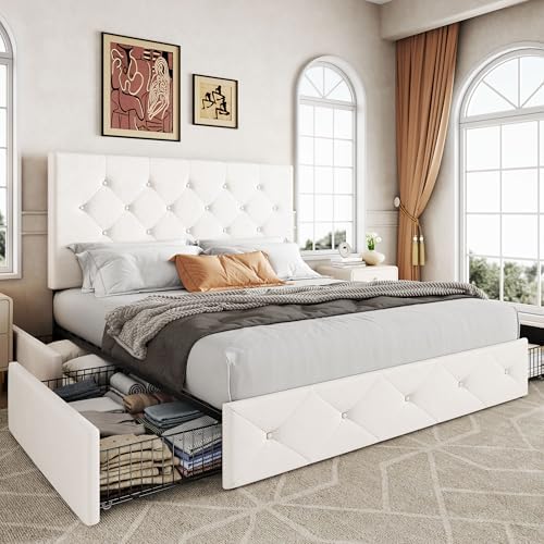 Allewie Full Size Storage Bed Frame with 4 Underbed Drawers, Upholstered Platform Bed with Adjustable Headboard, Diamond Button Tufted, Easy Assembly, Noise-Free, No Box Spring Needed, Soft White
