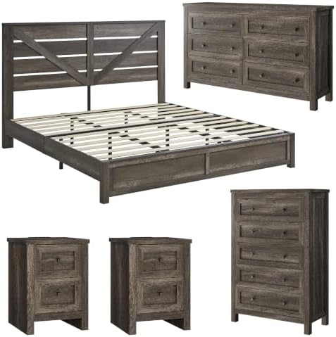 AMERLIFE 5-Piece Farmhouse Bedroom Set, King Bed Frame & Dresser, Grey